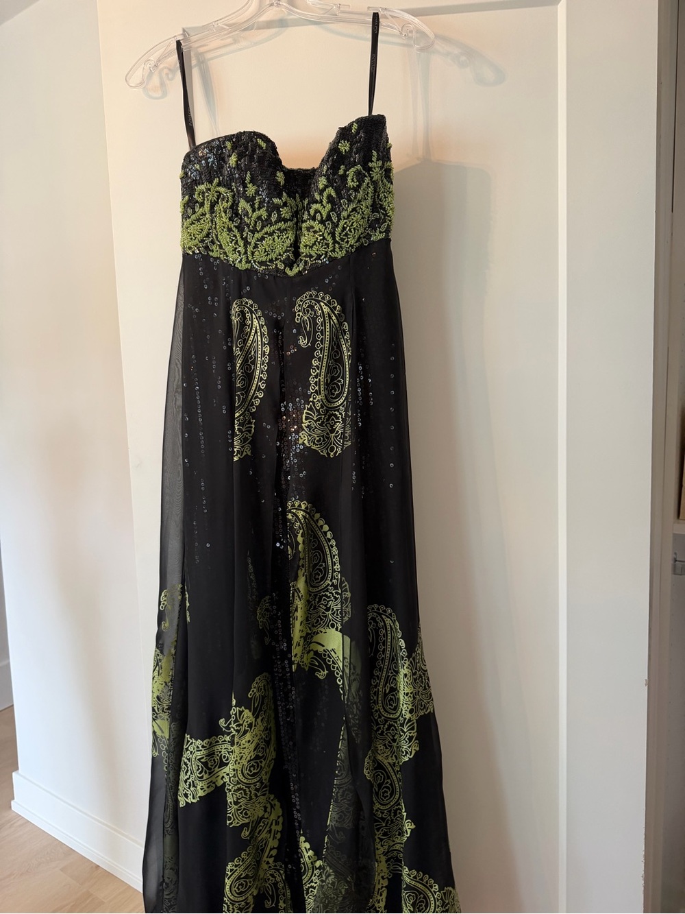 Jovani Black Strapless Evening Gown with Lime Green Paisley Embroidery